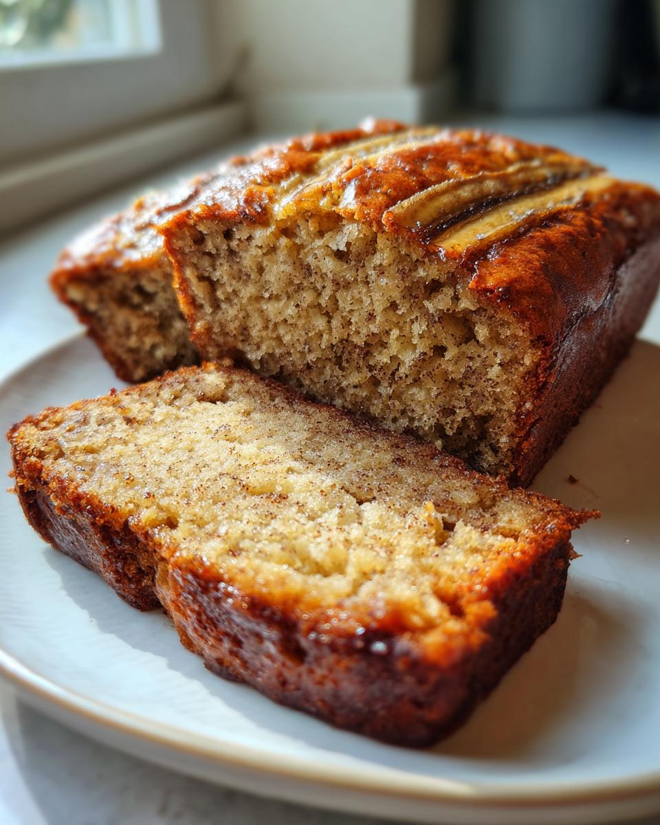 A close-up of sliced greek yogurt banana bread showing a moist crumb and caramelized banana topping.