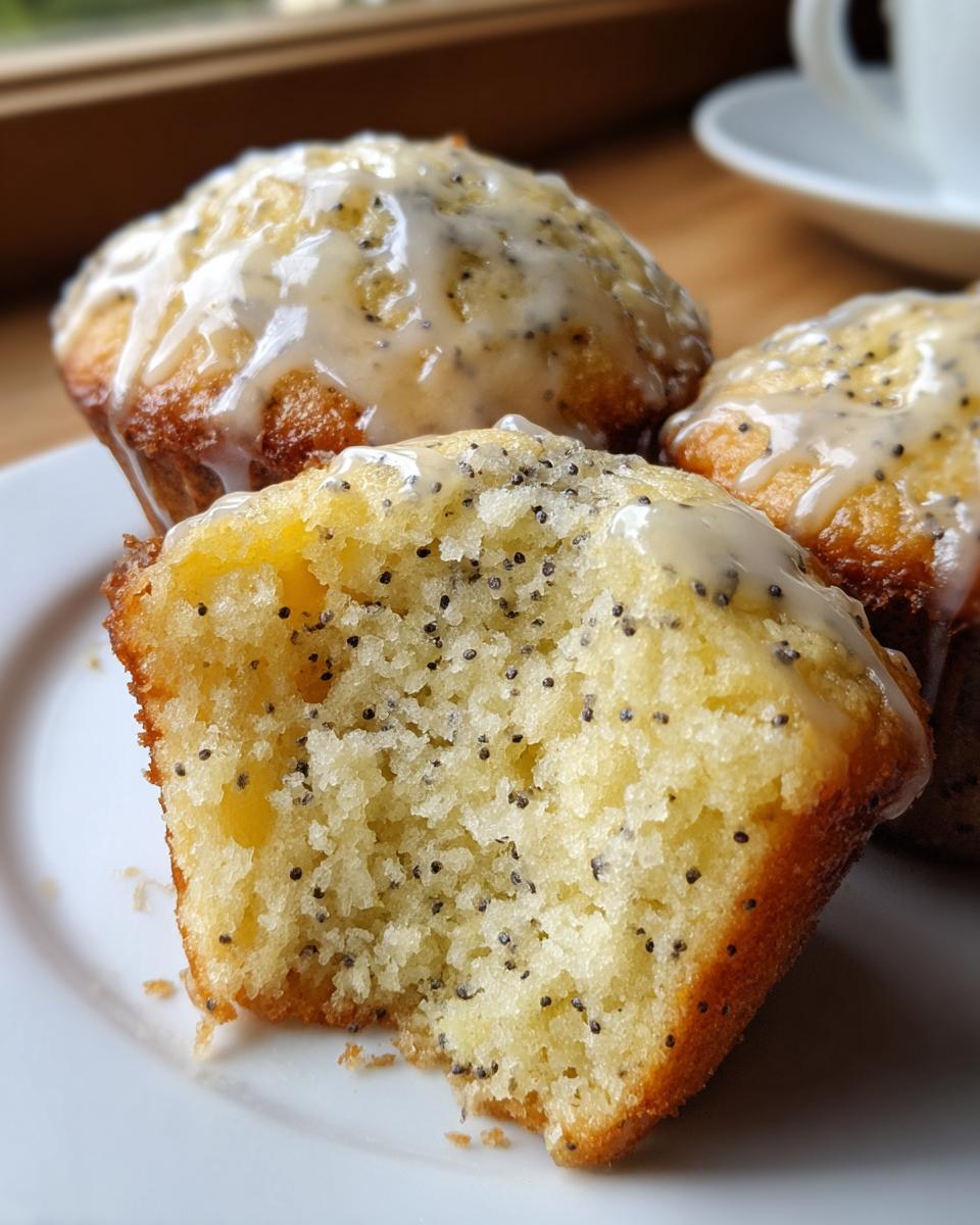 Close-up of a bitten lemon poppy seed muffin showing the moist crumb, topped with a sweet lemon glaze and poppy seeds.
