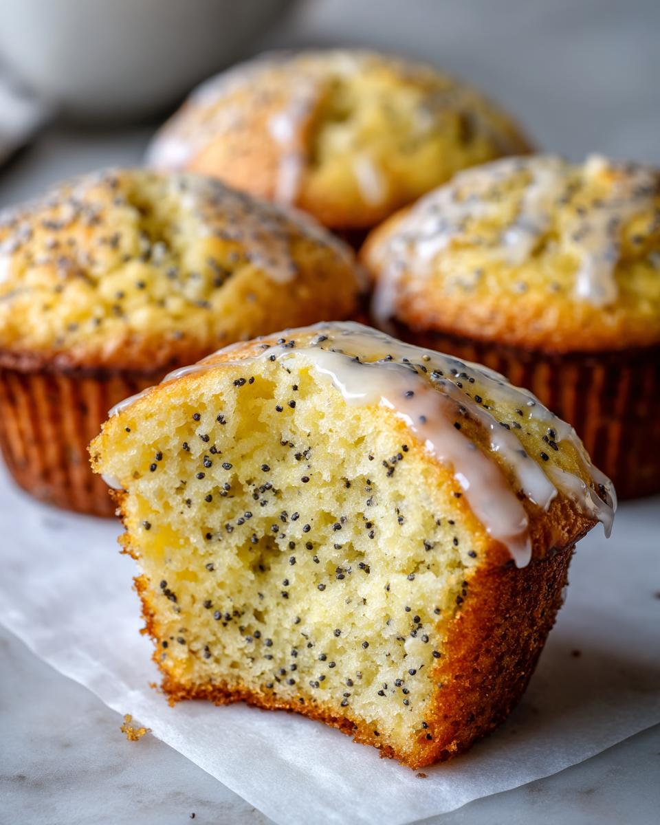 Close-up of a lemon poppy seed muffin cut in half showing the moist crumb filled with poppy seeds and topped with lemon glaze.