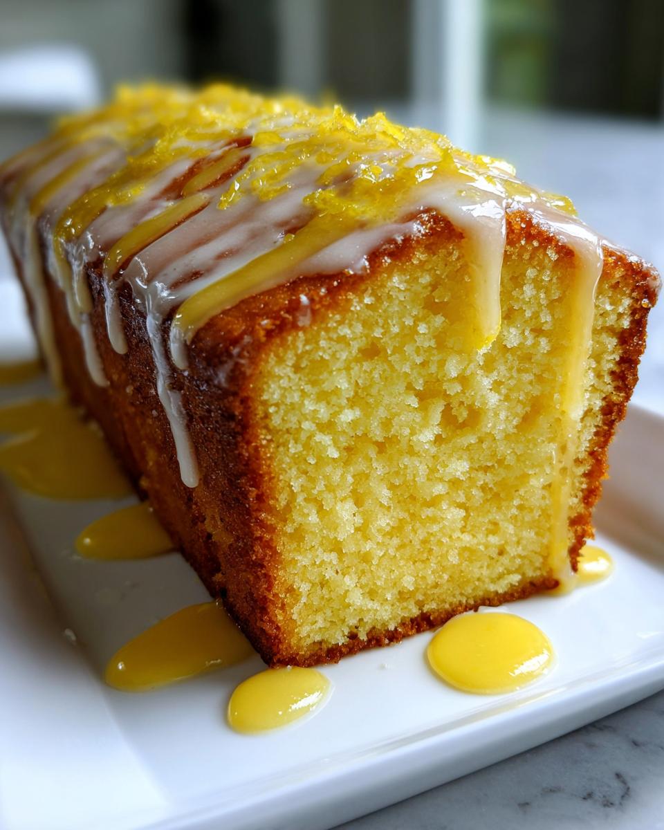Close-up of a moist lemon pound cake loaf, drizzled with white glaze and topped with bright yellow lemon zest.