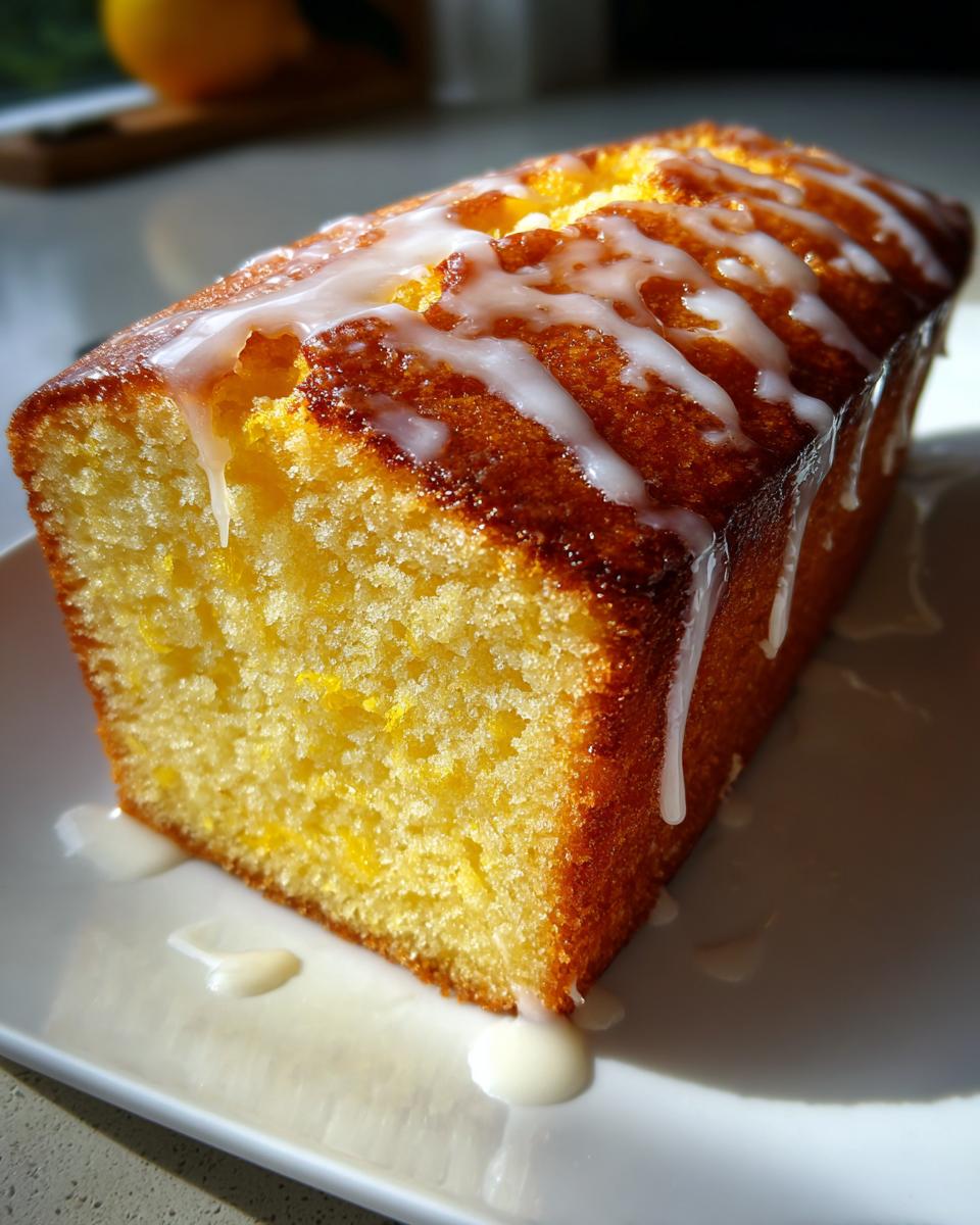 A close-up of a slice of bright yellow lemon pound cake topped with a sweet white glaze drizzle.