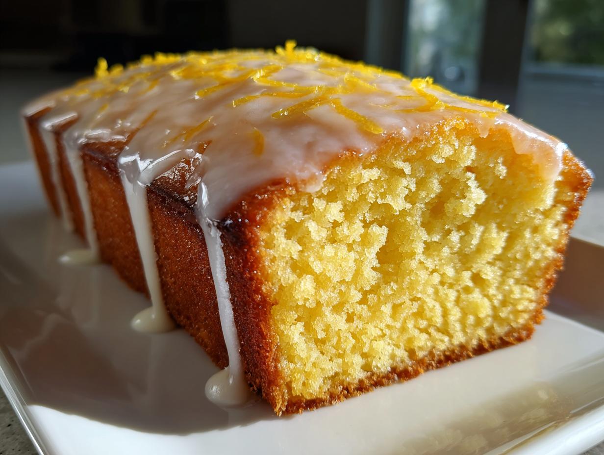 Close-up of a slice of moist lemon pound cake topped with white glaze and bright yellow lemon zest.