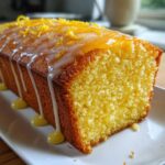 Close-up of a slice of moist lemon pound cake drizzled with white glaze and topped with bright yellow lemon zest.