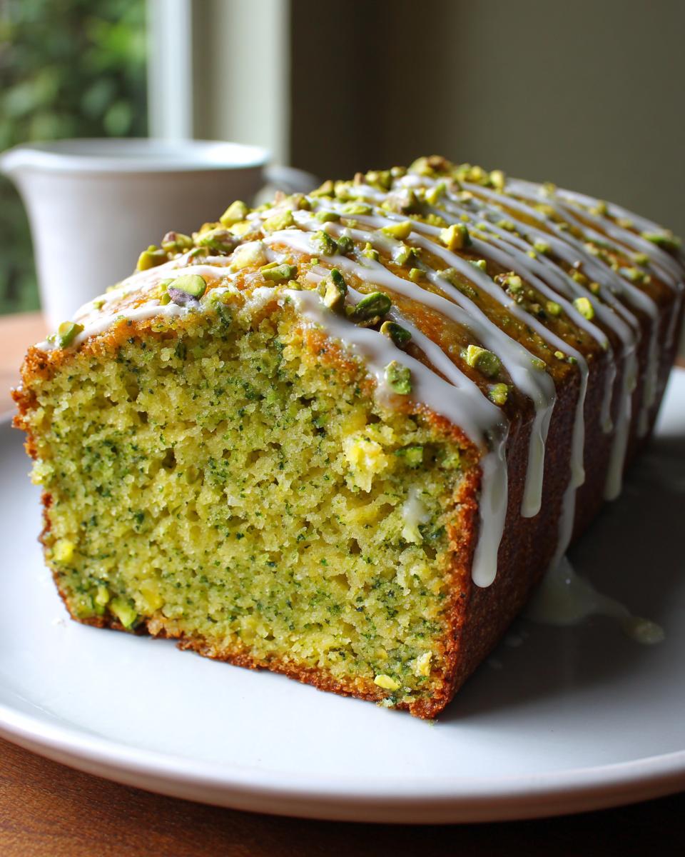 A moist, green-tinted pistachio bread loaf topped with white glaze drizzle and chopped pistachios.