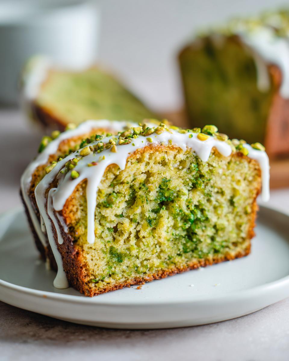 Close-up of two slices of moist pistachio bread topped with white glaze and chopped pistachios.