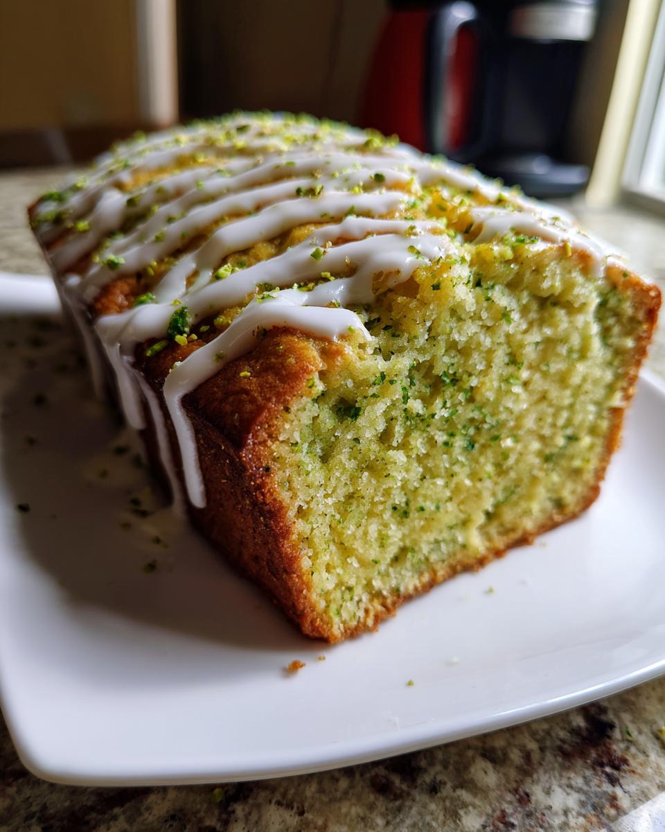Close-up of a slice of moist pistachio bread with green flecks, topped with white glaze and chopped pistachios.