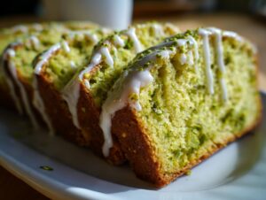 Close-up of three moist slices of green pistachio bread drizzled with white icing and topped with crushed pistachios.