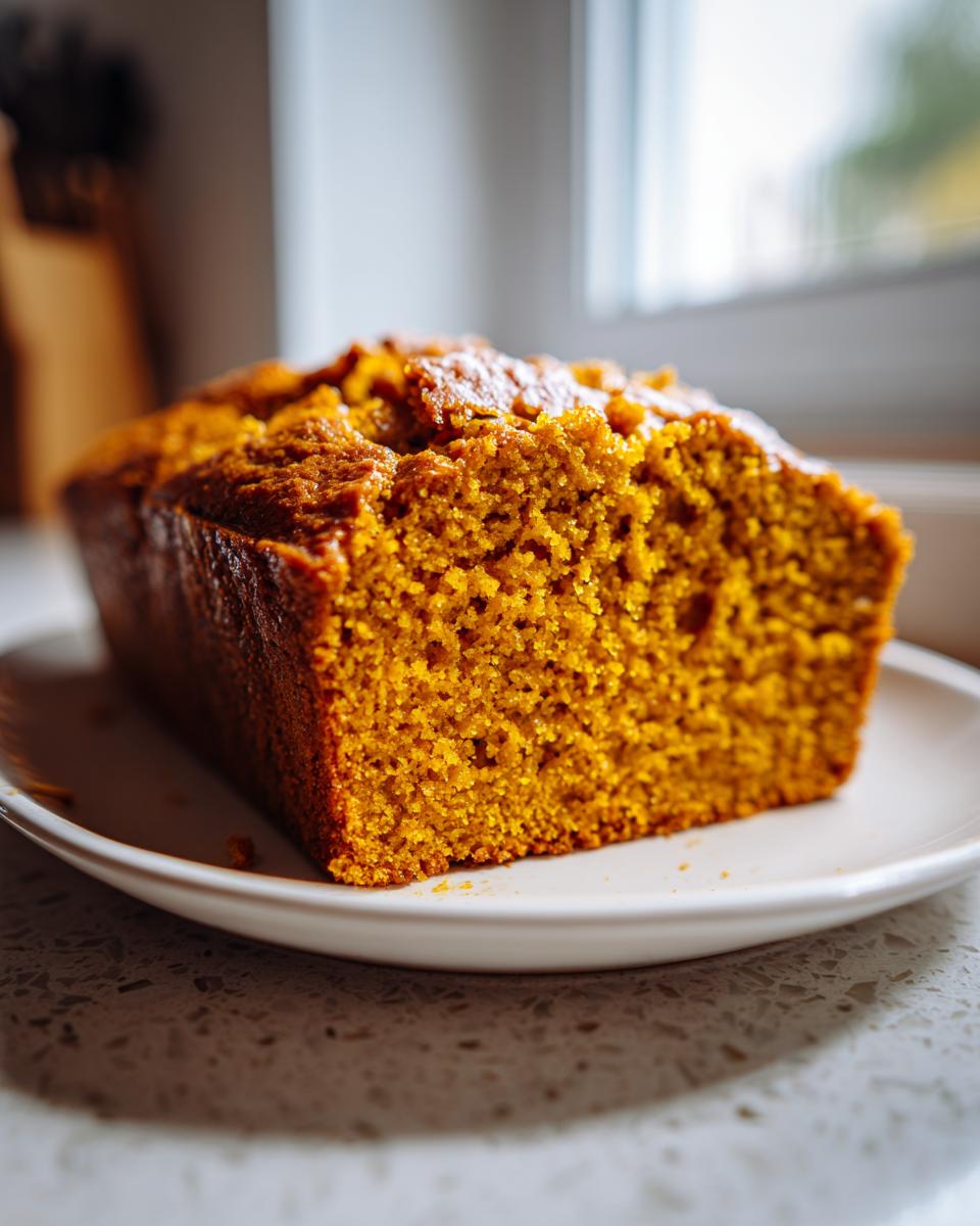 A close-up view of a freshly baked loaf of moist pumpkin bread sliced open, showing its rich orange color and texture.