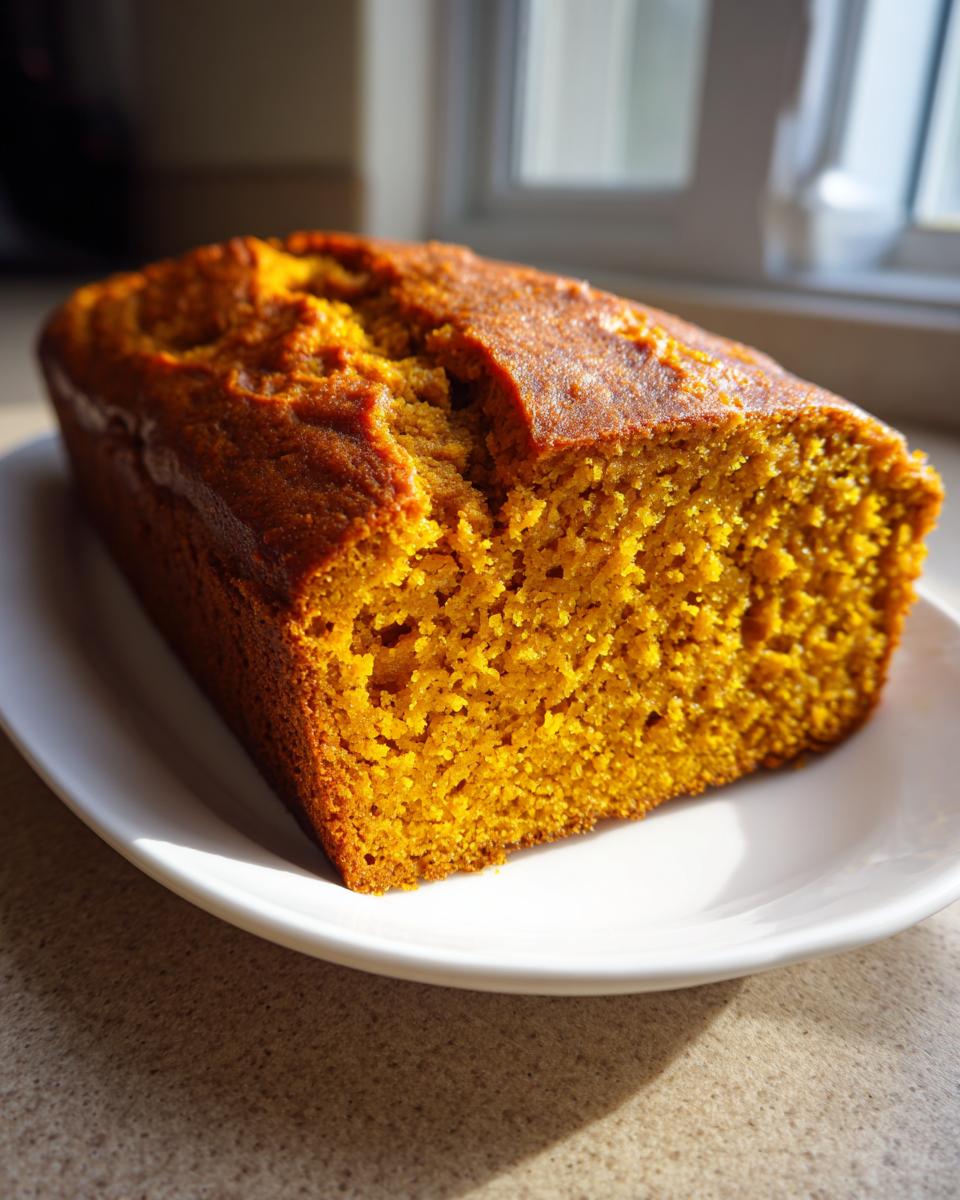 A freshly baked loaf of moist pumpkin bread, showing its rich orange crumb, resting on a white plate.