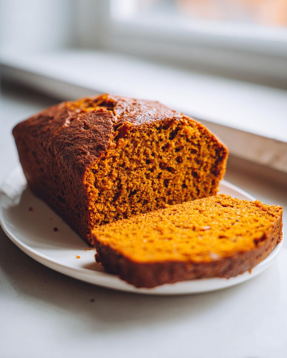 A loaf of rich, orange-colored moist pumpkin bread with one thick slice cut and resting beside it on a white plate.