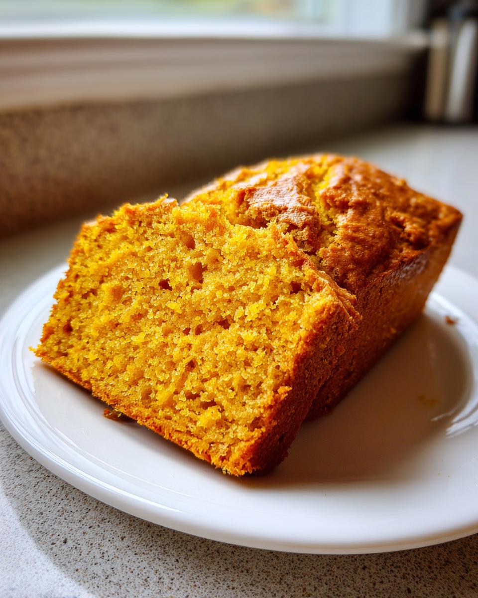Two slices of vibrant orange, moist pumpkin bread resting on a white plate.