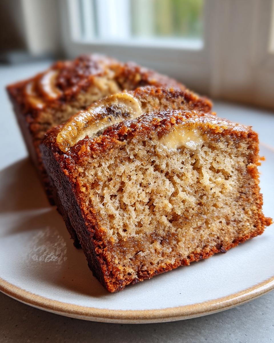 Close-up of a thick slice of moist greek yogurt banana bread showing a fluffy, golden-brown crumb and caramelized banana topping.