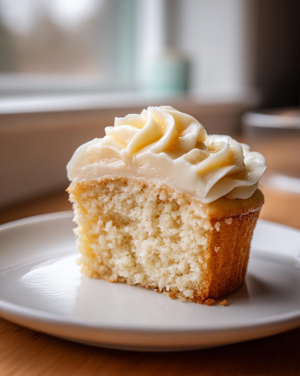 Close-up of a vanilla cupcake cut in half, showing its moist crumb and creamy vanilla frosting swirl.