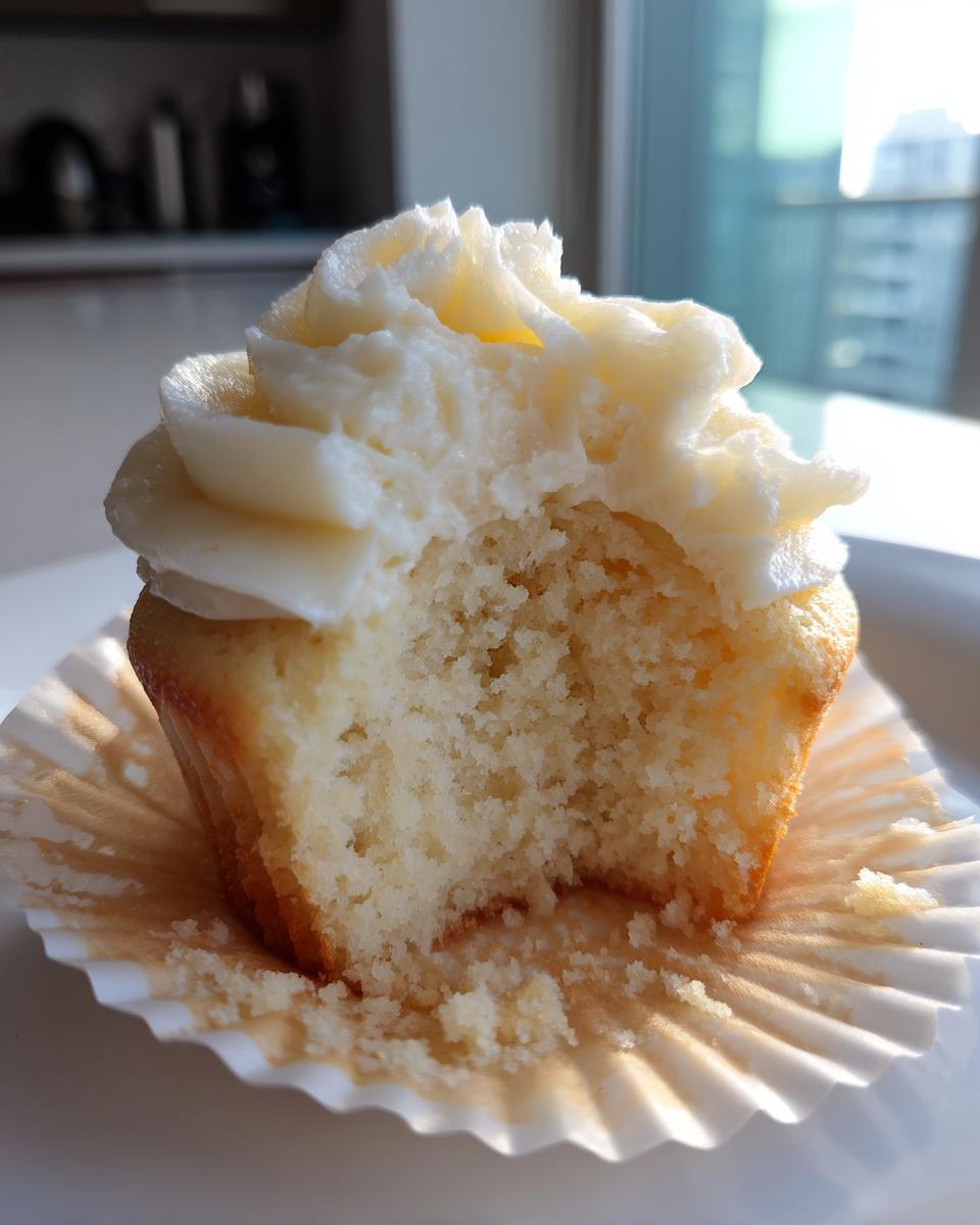 Close-up of a vanilla cupcake with a bite taken out, showing the moist crumb and white frosting.