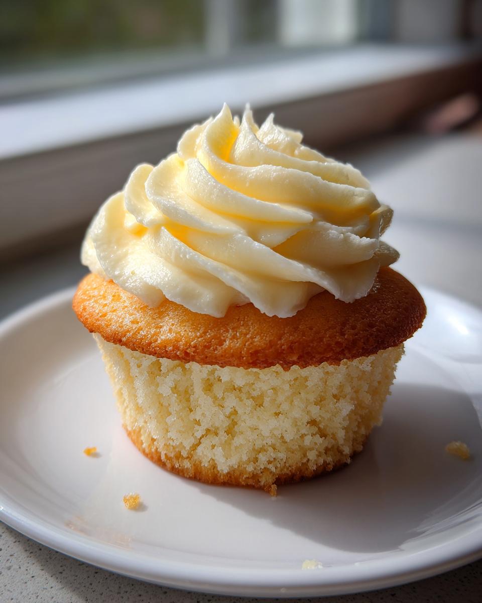 A single, perfectly baked vanilla cupcake topped with a generous swirl of creamy frosting, sitting on a white plate.