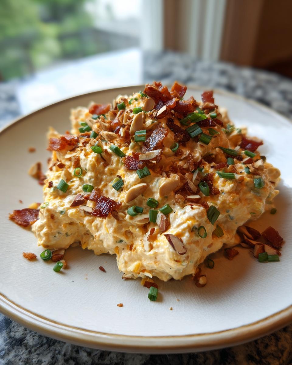 A generous serving of creamy, orange-hued Neiman Marcus Dip topped with bacon bits, sliced almonds, and chives.