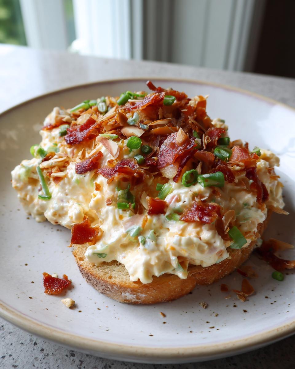 A generous serving of creamy Neiman Marcus dip topped with bacon, almonds, and chives on a slice of toasted bread.