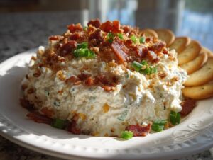 A mound of creamy Neiman Marcus dip topped with crispy bacon bits, breadcrumbs, and fresh green onions, served with crackers.