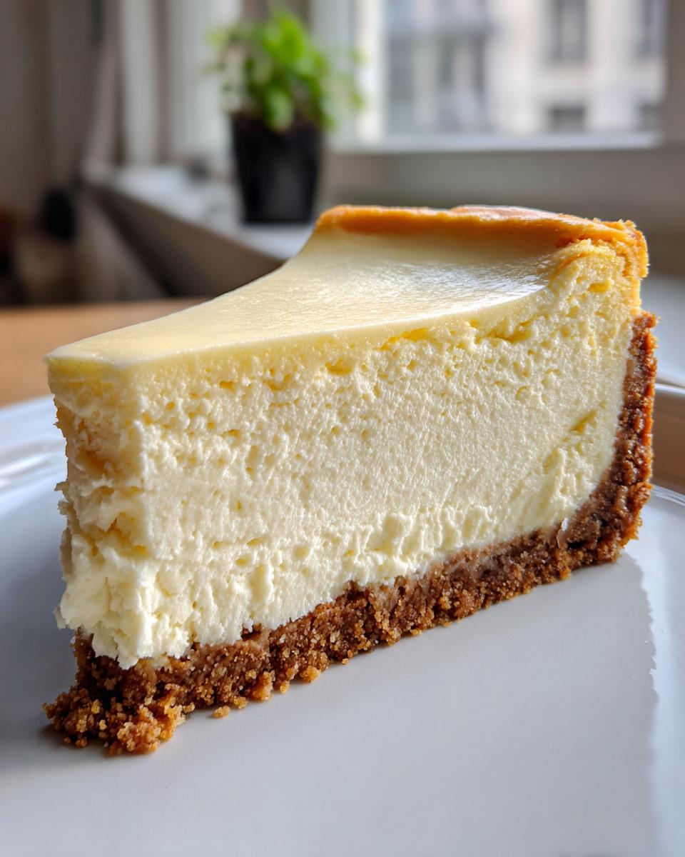 Close-up of a thick, creamy slice of new york cheesecake with a graham cracker crust on a white plate.