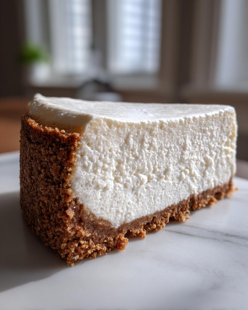 A thick, creamy slice of new york cheesecake resting on a white marble surface, showing a rich graham cracker crust.