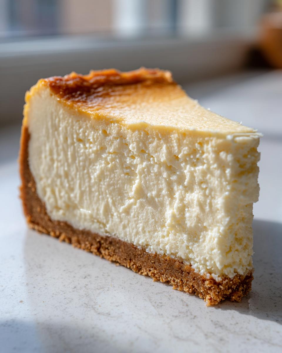 Close-up of a thick, creamy slice of new york cheesecake showing the graham cracker crust.