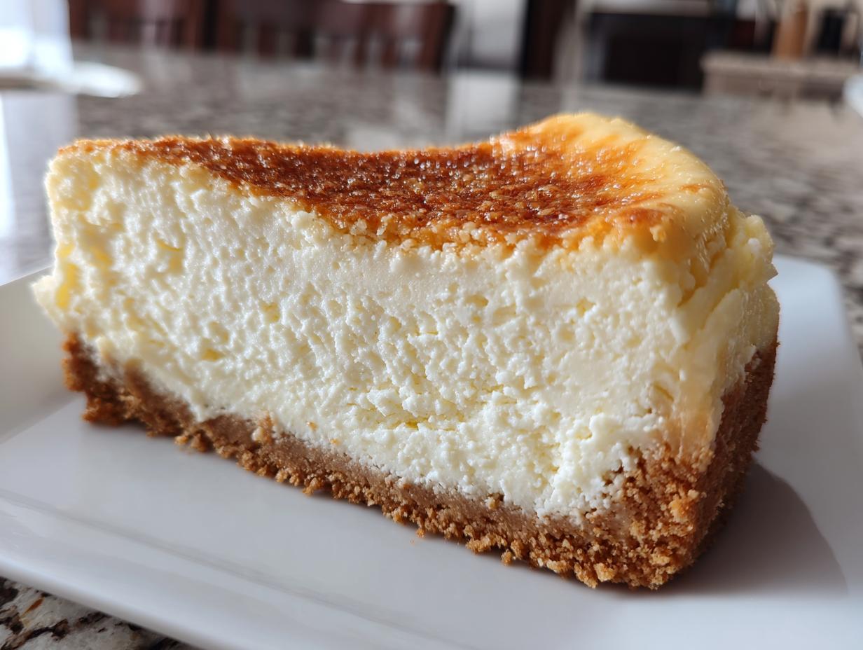 A thick, creamy slice of new york cheesecake featuring a graham cracker crust and a slightly browned top.