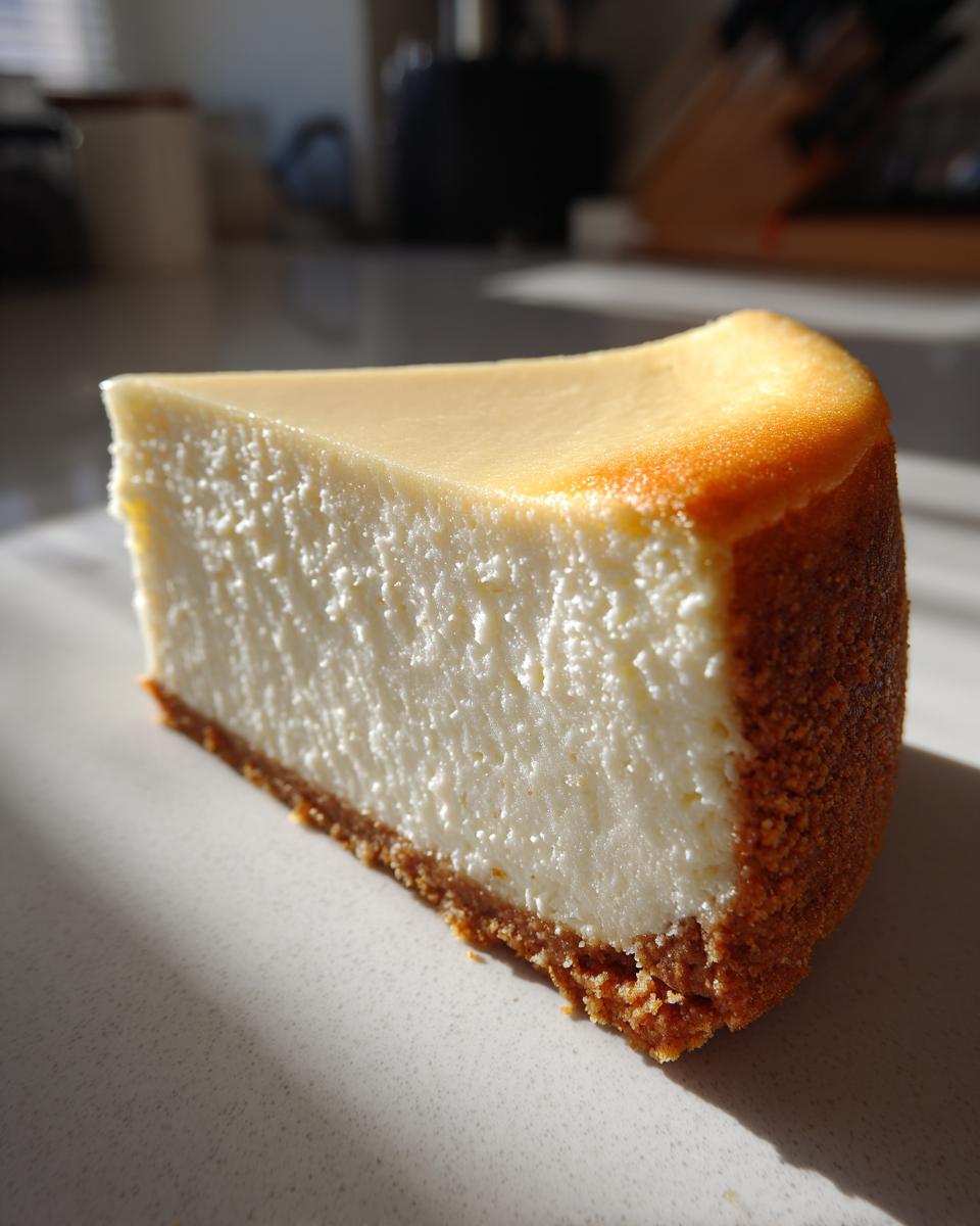 A close-up, sunlit slice of creamy new york cheesecake showing a thick graham cracker crust.