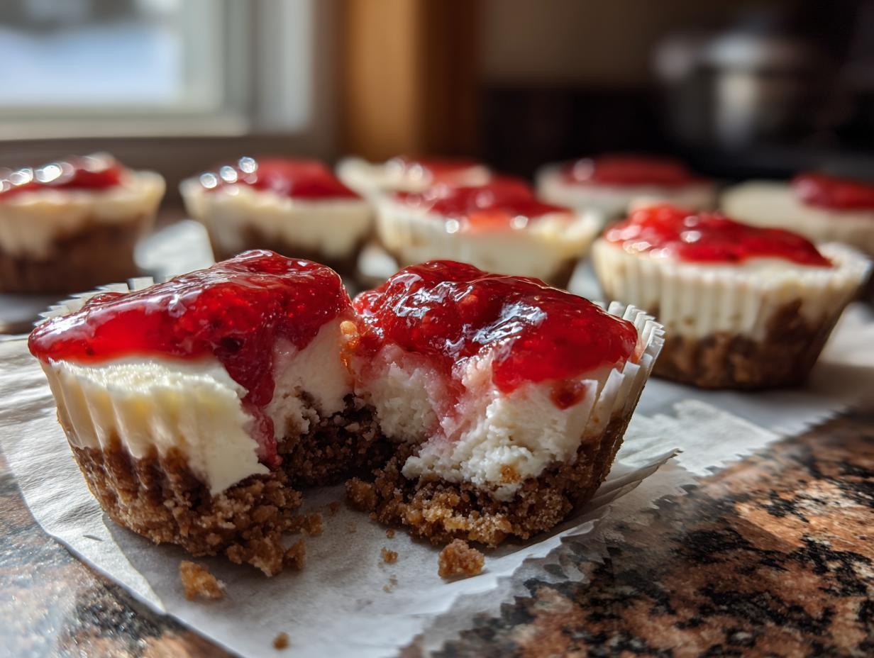 A close-up of one of the no-bake cheesecake bites cut in half, showing the graham cracker crust, creamy filling, and strawberry topping.
