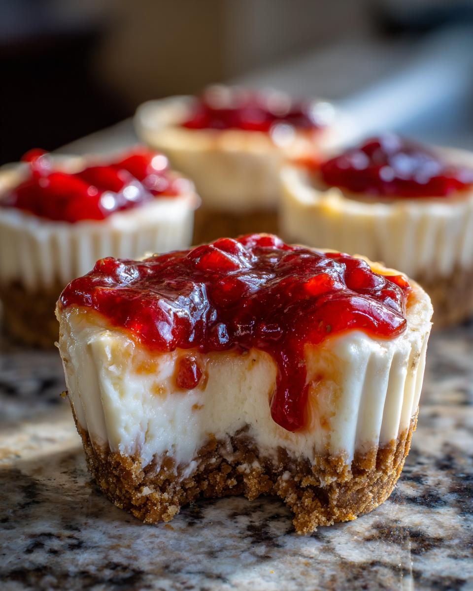 A close-up of a no-bake cheesecake bites with a bite taken out, showing the graham cracker crust and strawberry topping.