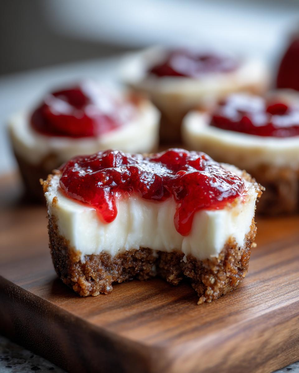 A close-up of one of the no-bake cheesecake bites with a bite taken out, showing the creamy filling and strawberry topping.
