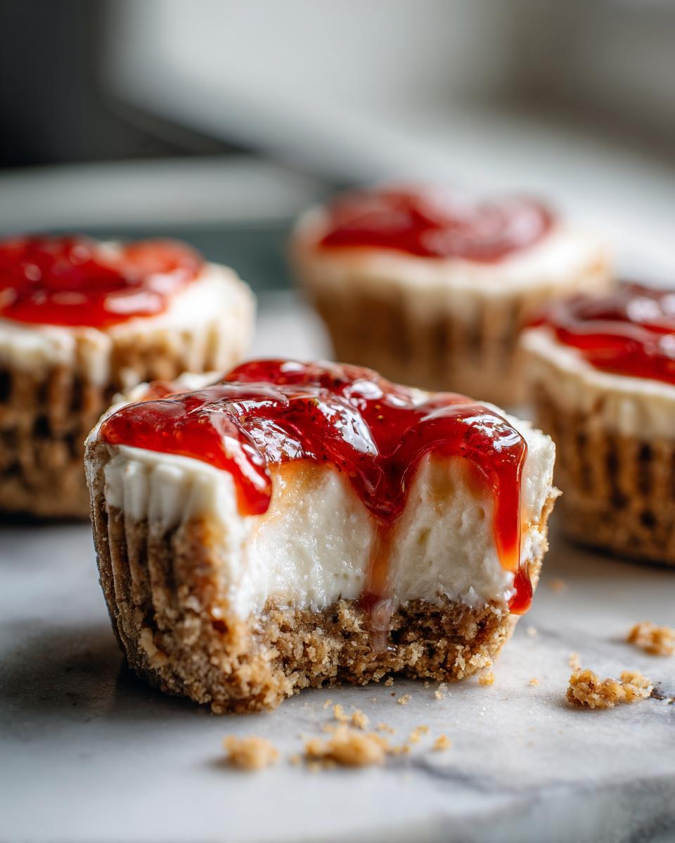 A close-up of a no-bake cheesecake bites with a bite taken out, showing the creamy filling and strawberry topping.