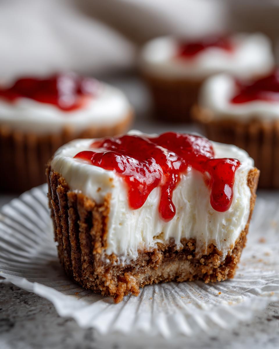 A close-up of a no-bake cheesecake bites, showing a bite taken out, revealing the creamy filling and graham cracker crust, topped with strawberry sauce.