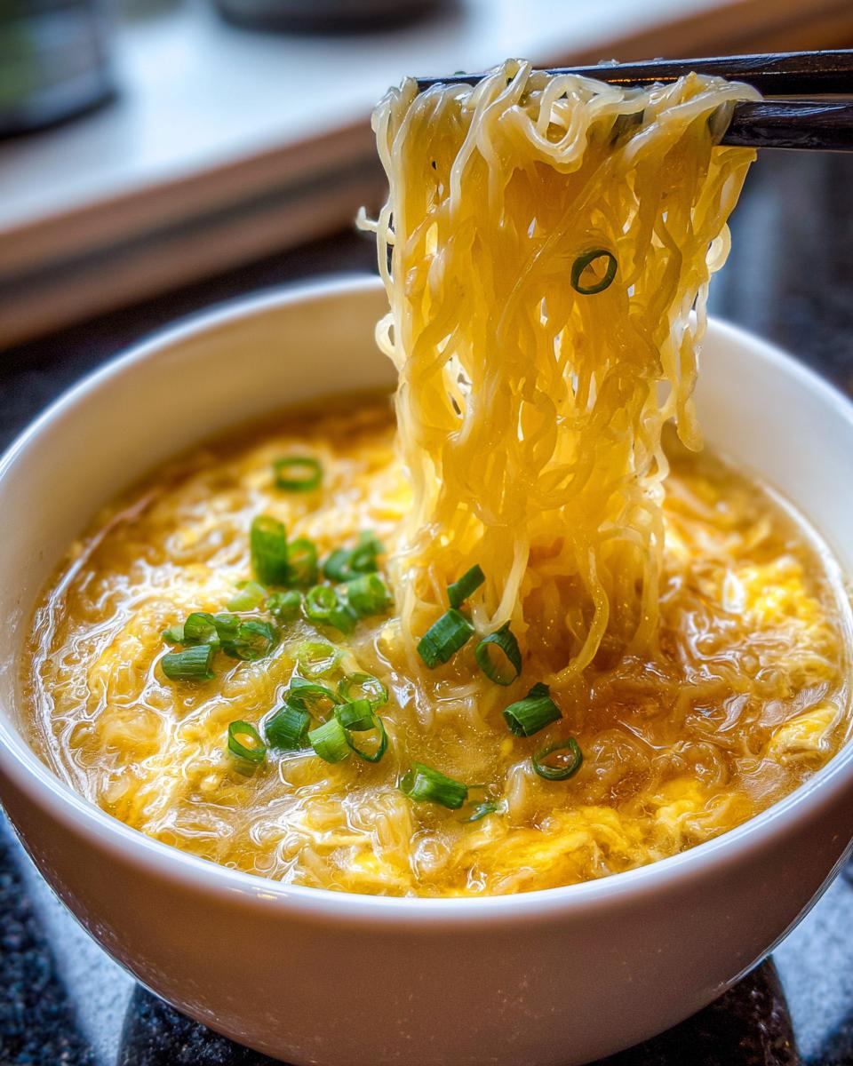 Chopsticks lifting a tangle of thin noodles from a bowl of rich egg drop soup garnished with green onions.