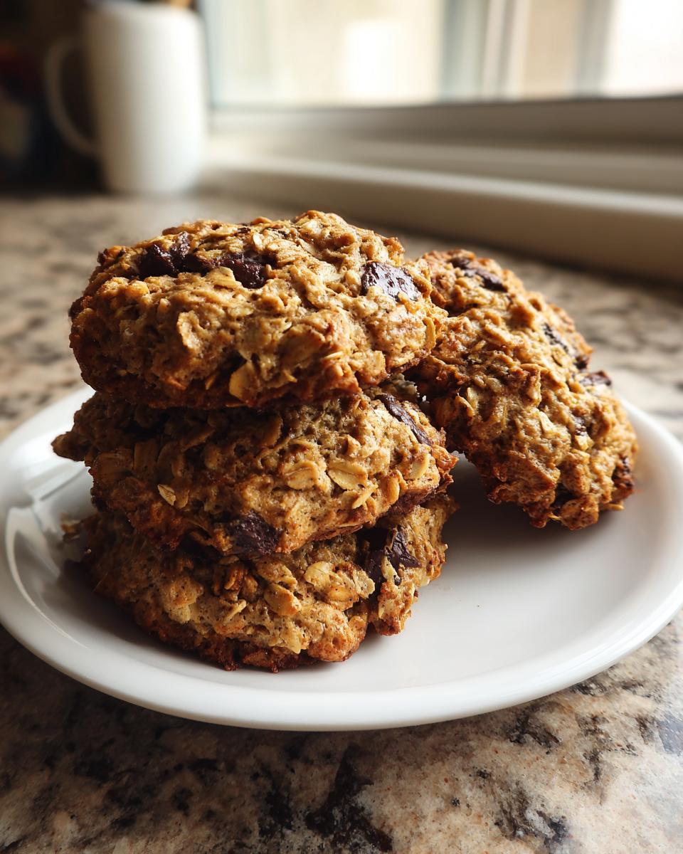A stack of three chunky oatmeal chocolate chip breakfast cookie on a white plate.