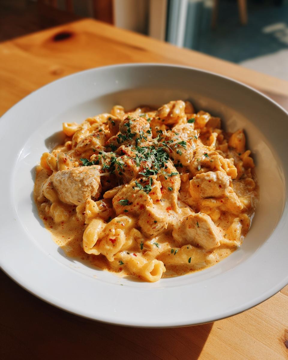A close-up of creamy, orange-sauced chicken pasta garnished with parsley and spices in a white bowl.