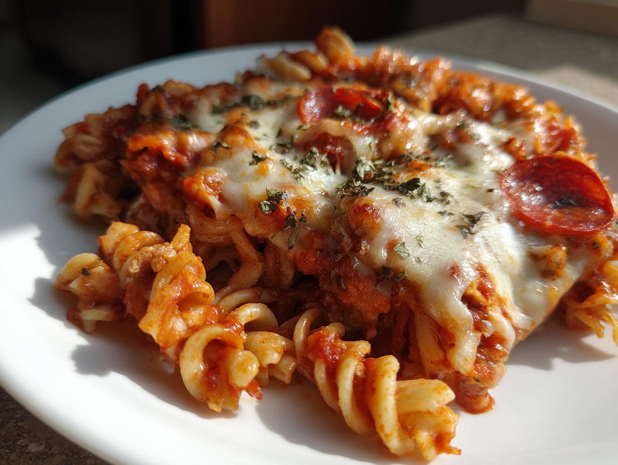 Close-up of a serving of one-pot pizza pasta featuring rotini noodles, rich tomato sauce, melted mozzarella cheese, and pepperoni slices.