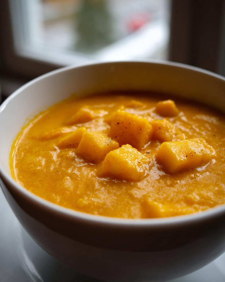 Close-up of a rich, orange-colored cheese soup topped with cubed vegetables, likely squash or potato.