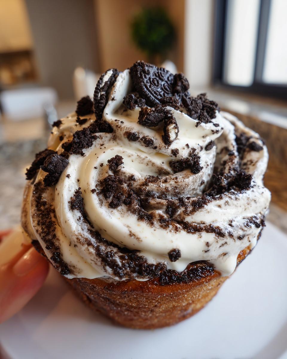 A close-up of a decadent Oreo cinnamon rolls topped with thick white frosting and crushed Oreo pieces.