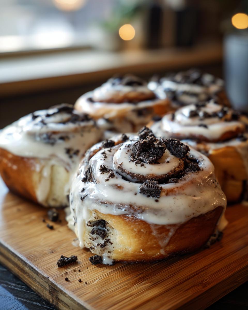 Several freshly baked Oreo cinnamon rolls covered in white icing and topped with crushed Oreo pieces.