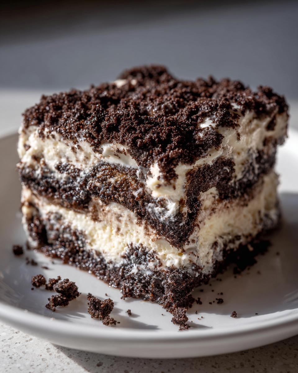 Close-up of a layered slice of oreo dirt cake showing dark cookie crumbs and white cream filling.