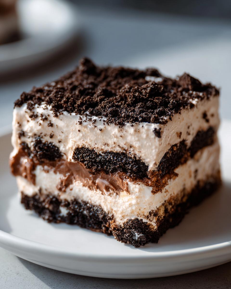 Close-up of a square slice of layered oreo dirt cake showing cream, chocolate pudding, and cookie crumbs.