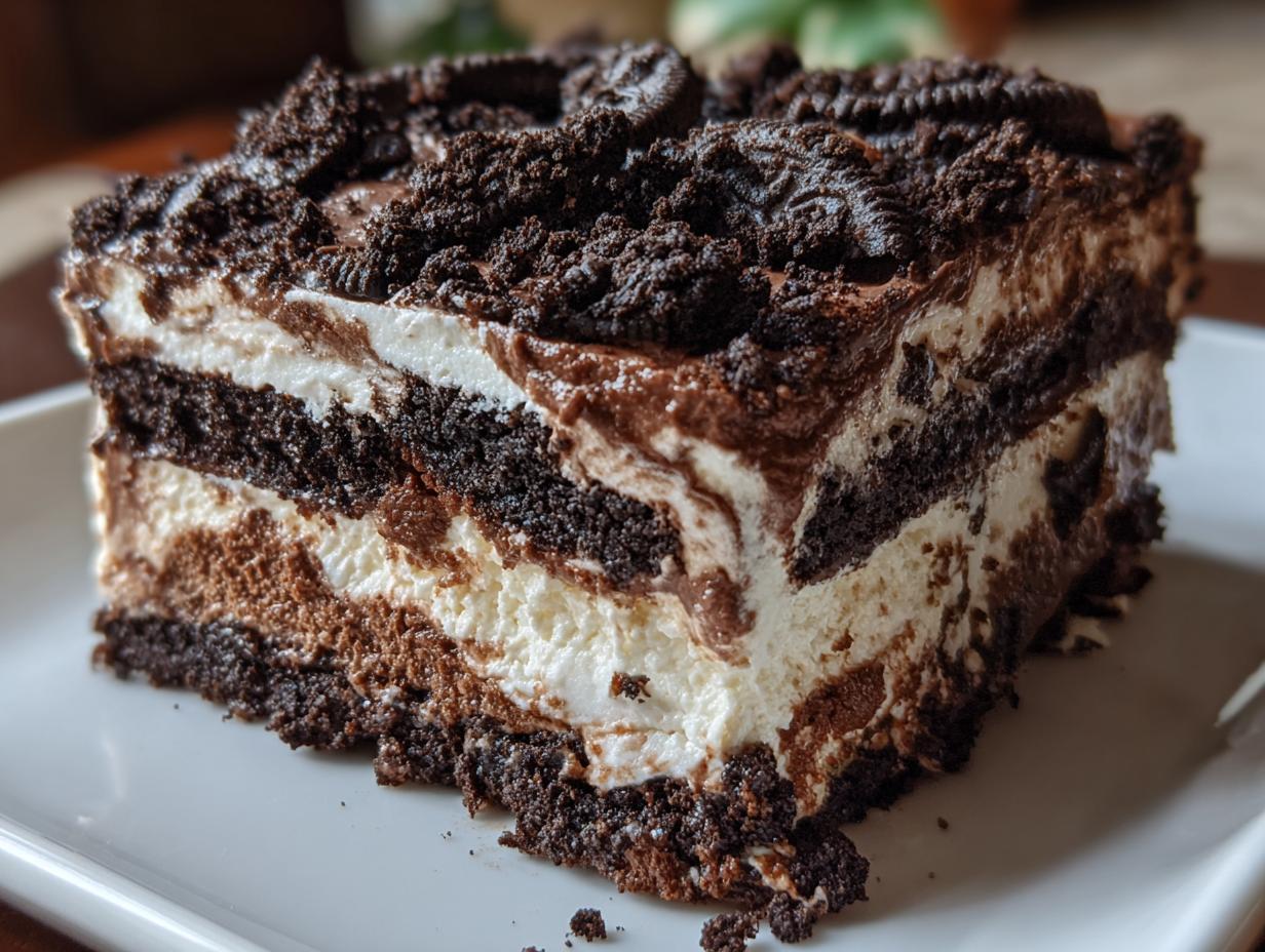 Close-up of a layered slice of rich Oreo dirt cake showing chocolate crumbs and creamy filling.