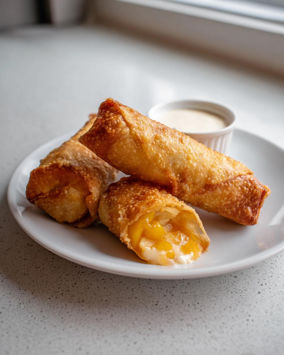 Three crispy, golden brown peach cobbler egg rolls on a white plate, one is cut open showing the warm peach filling.