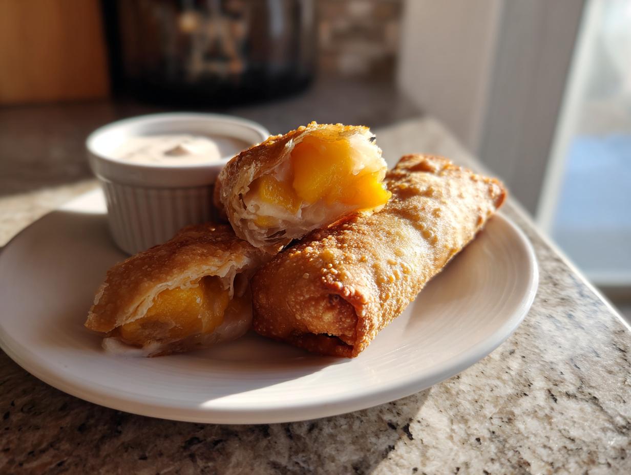 Close-up of golden brown peach cobbler egg rolls, one cut open revealing warm peach filling, served with a side of cream sauce.