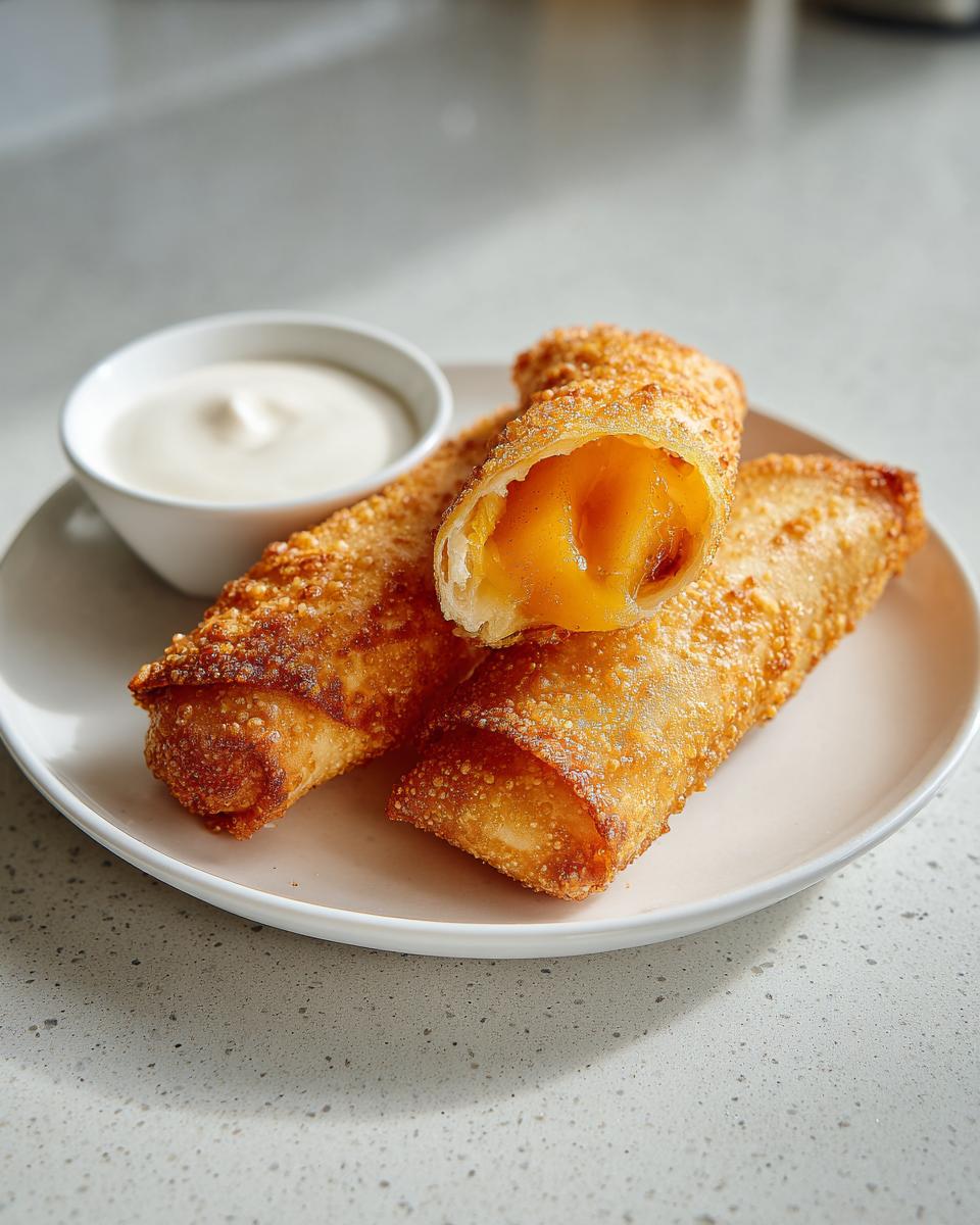 Close-up of crispy, golden brown peach cobbler egg rolls, one cut open showing the peach filling, served with a white dipping sauce.