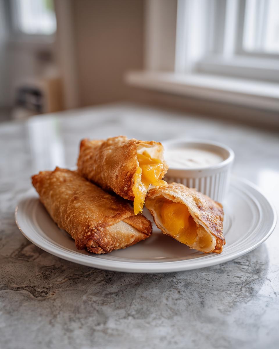 Three crispy, golden brown peach cobbler egg rolls served on a white plate with a side of cream cheese dipping sauce.