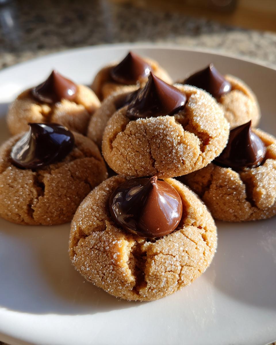 A plate of freshly baked peanut butter blossom cookies, coated in sugar and topped with a chocolate kiss.