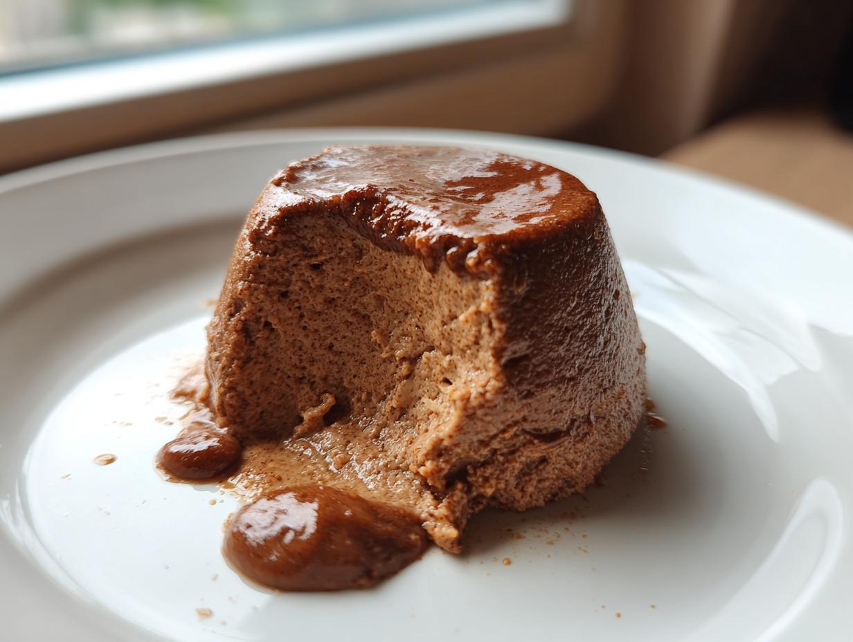 A molded, rich brown dessert, likely made with pear butter, with a portion removed, sitting on a white plate.