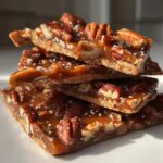 Close-up of stacked pieces of homemade pecan pie bark topped with whole pecans and flaky sea salt.