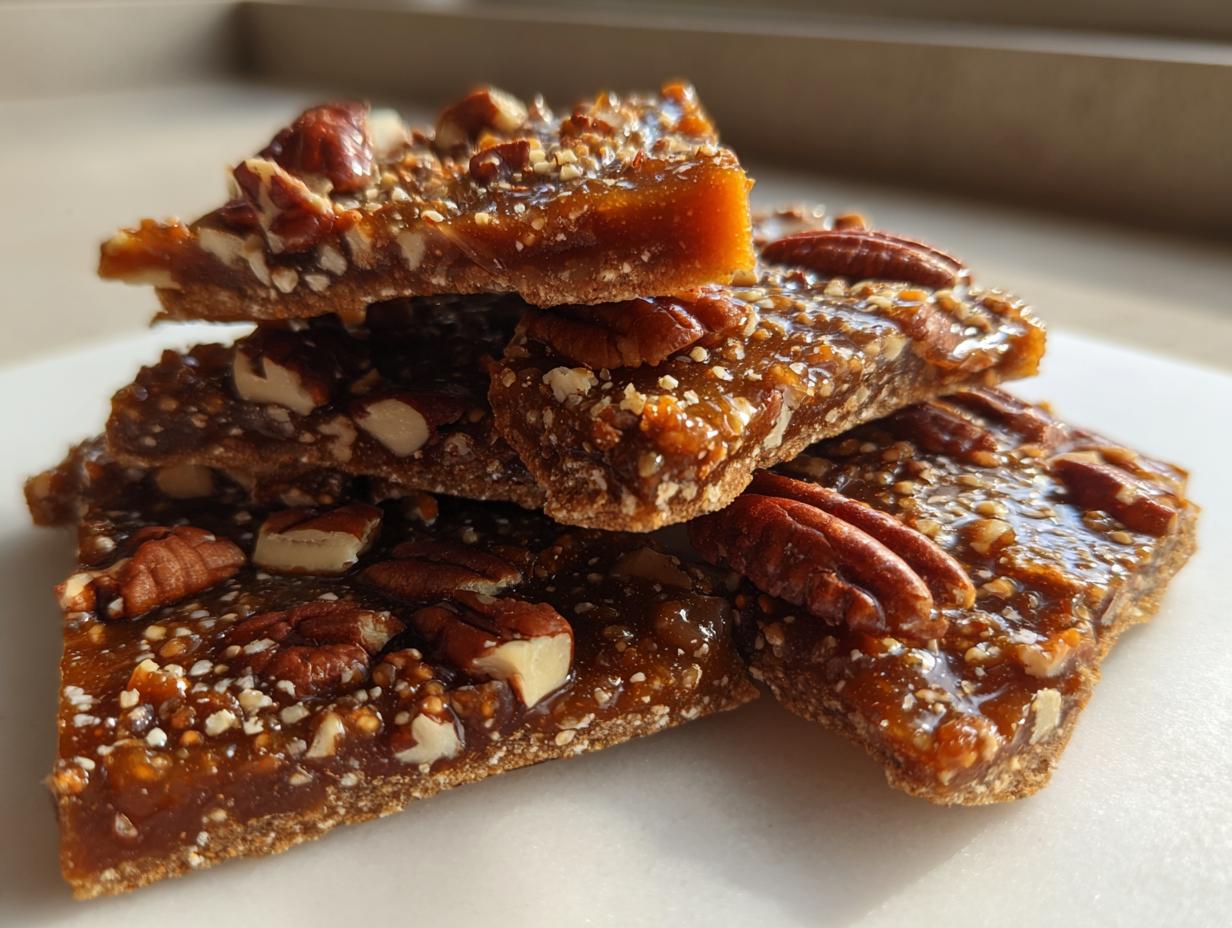 Close-up of stacked, glossy pieces of amazing pecan pie bark topped with whole and chopped pecans.